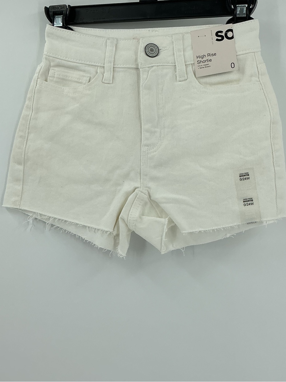 SO brand high-rise denim shortie shorts with a raw frayed hem 2.5-inch inseam